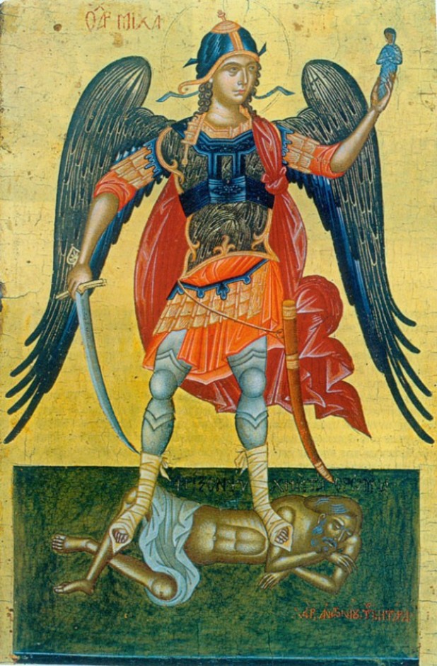 Ο Αρχάγγελος Μιχαήλ Ξιφήρης παίρνει την ψυχή νεκρού. Αγιογραφία του Αντώνιου Μυταρά, 17ος αι. Από Ελληνικό Ινστιτούτο Βενετίας